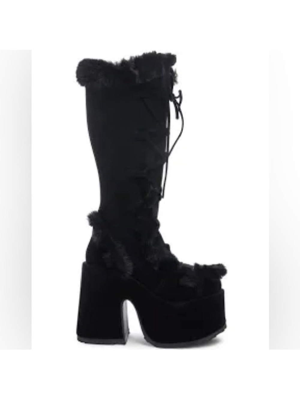 Black Faux-Fur Platform Knee-High Boots